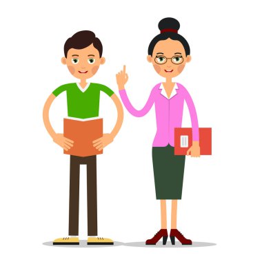 Genç bir öğrenci bir kadın öğretmene bir kitap ya da özet okur. Öğretmen hataya dikkat eder ve işaret parmağını kaldırır. Düz bir tasvir. İzole edilmiş