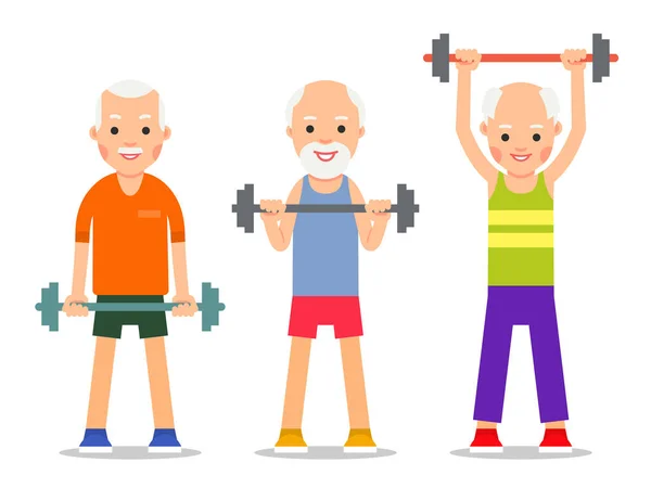Пожилые Мужчины Выполняют Упражнения Поднятию Штанг Взрослые Люди Различных Позах — стоковый вектор