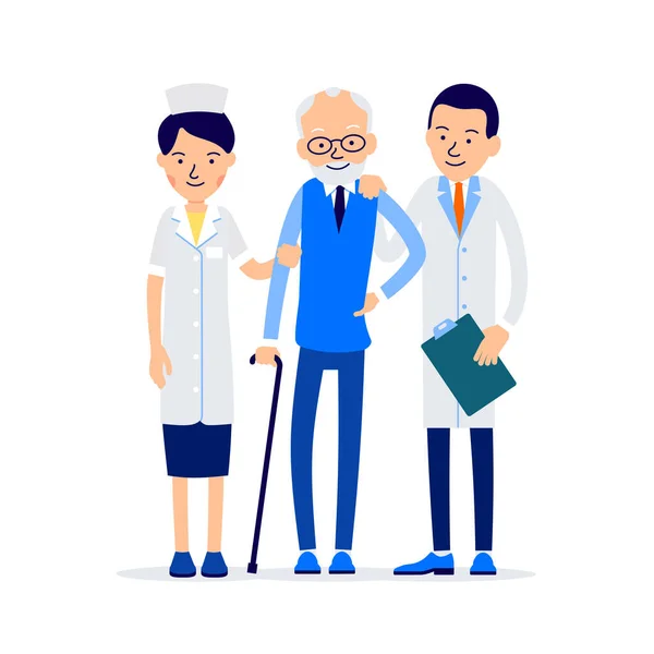 Doktor ve hemşire ayağa kalkın ve yaşlı hastaya destek olun. Genç doktorların hastalarıyla tanışması. Hastanın etrafı tıbbi personelle çevrili. Resim düz bir şekilde beyaz arkaplanda izole edildi