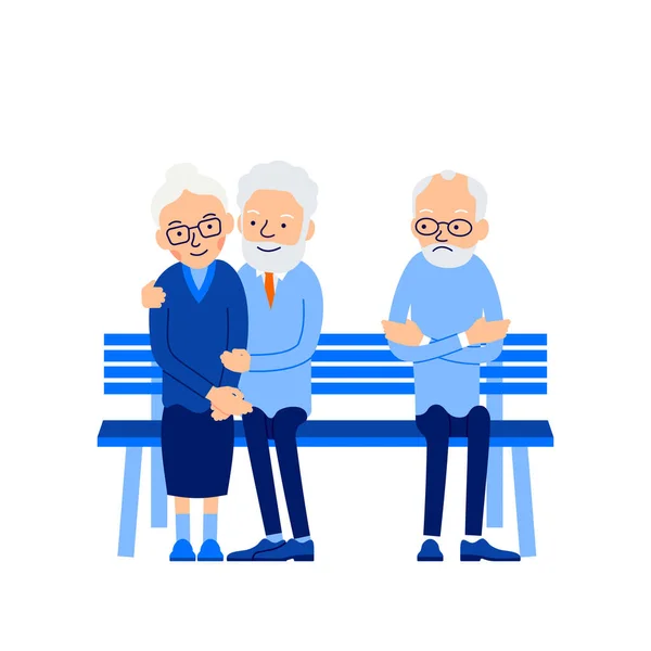 Yaşlı Yalnız Bir Adam Bankın Kenarında Oturur Mutlu Yaşlı Çiftlere — Stok Vektör