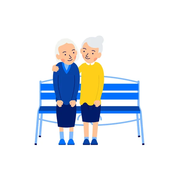 Två Gamla Kvinnor Äldre Kvinnor Vänskap Koncept Pensionärerna Sitter Bänken — Stock vektor