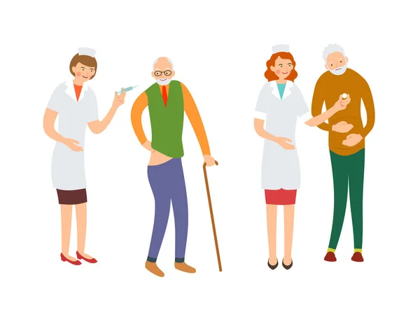 Illustratie Van Bejaarde Verpleging Verpleegster Met Injectiespuit Een Oudere Patiënt — Stockvector