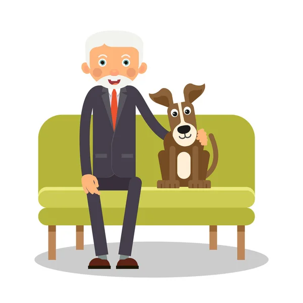 Kanepede yaşlı bir adam ve köpek oturuyor. Yaşlıların hayvanlarla portresi. Evde evcil bir hayvanla tatilde olan yalnız bir emekli. Düz bir tasvir. İzole edilmiş