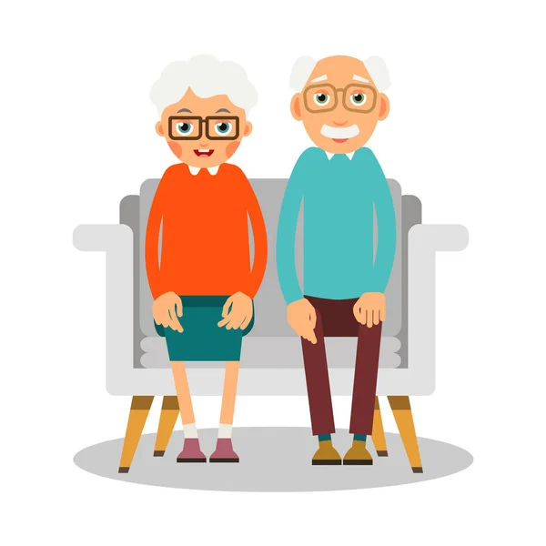 Old People Sitting Sofa Sit Elderly Woman Man Family Portrait — Stock Vector