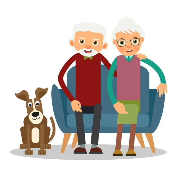 Pohovce Sedí Starší Žena Muž Pes Rodinný Portrét Seniorů Zvířaty — Stockový vektor