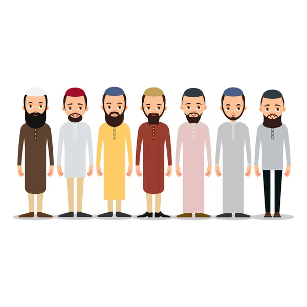 Muslim man. Set Muslim or Arab man stand in the traditional clothing. Isolated characters of representatives of Islam on a white background in a flat style
