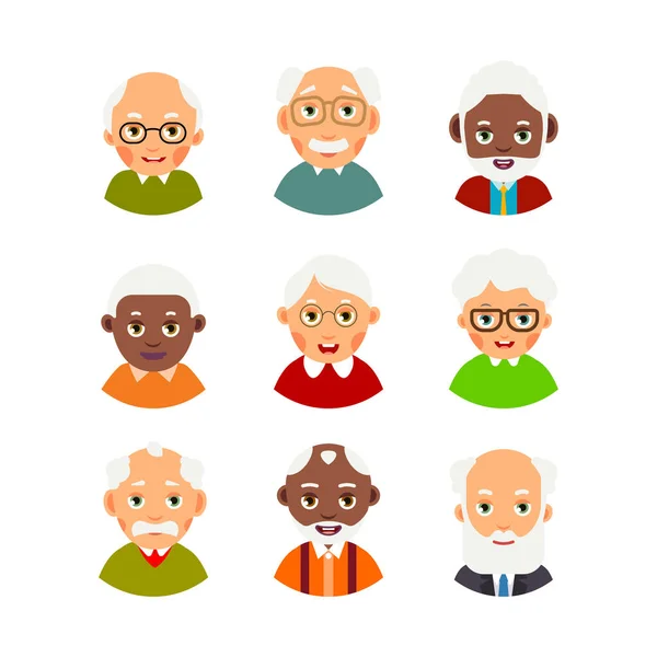 Установить Аватары Пожилых Людей Кит Олицетворяет Пожилых Людей Селекционная Карикатура — стоковый вектор