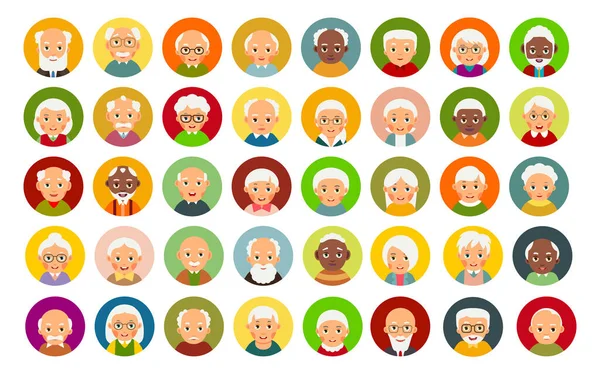 Avatar kullanıcısı yaşlı insanlar. Baş kullanıcı yaşlı insanlarla modern daire simgesi. Web simgesi seti. Bir grup mutlu kadın ve erkek. İnternet tasarımı ve internet iletişimi kavramı. Düz biçim.