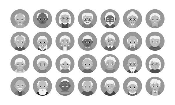Σετ Avatars Ηλικιωμένοι Άνθρωποι Γκρι Και Λευκό Χρώμα Πρόσωπο Κινουμένων — Διανυσματικό Αρχείο