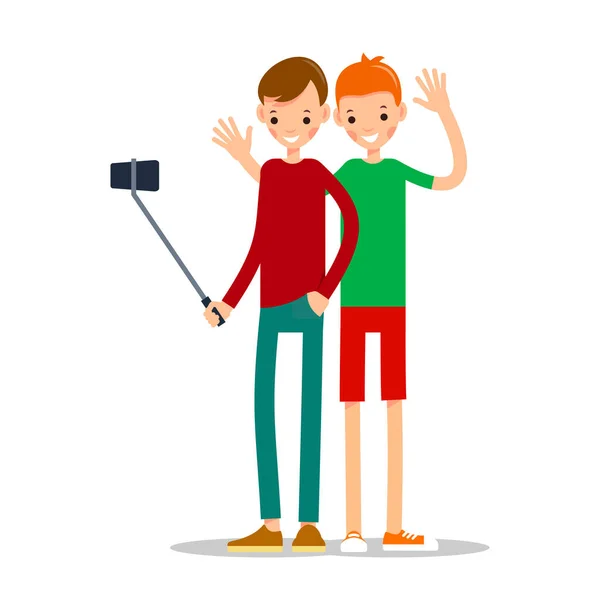Man Gör Selfie Vänner Gör Gemensamma Självporträtt Fotografi Glad Leende — Stock vektor