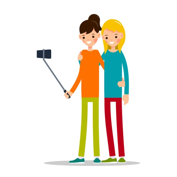 Frauen Machen Selfie Freunde Machen Gemeinsame Selbstporträtfotos Glücklich Lächelnde Junge — Stockvektor