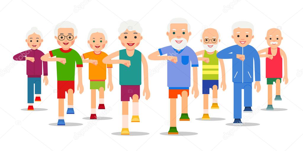 Crowd of older, active people go. Adult men and women perform exercise static walking. Physical exercises, training, workout, sport, healthy lifestyle. Flat style illustration