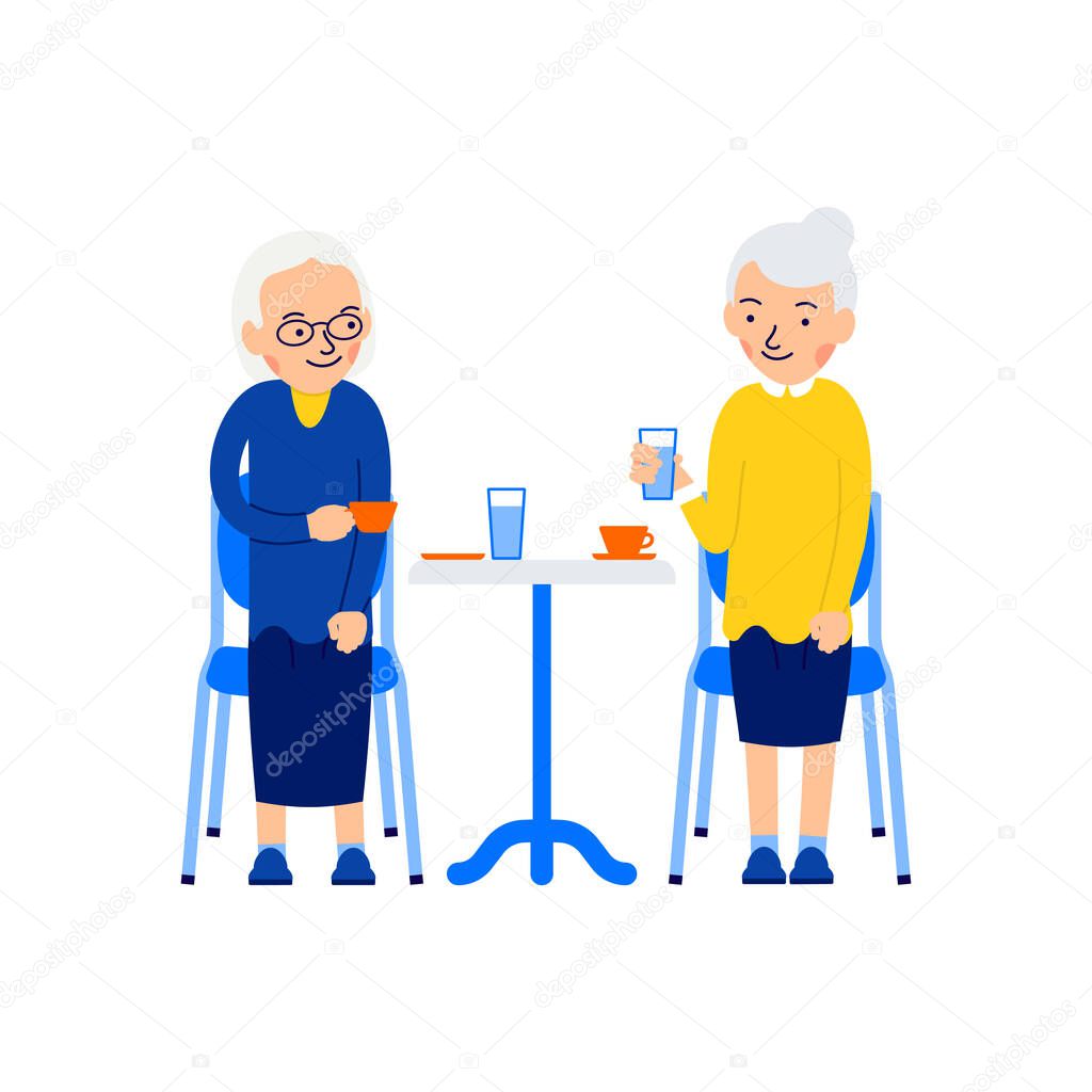 Sitting old woman. Two older women sit at table and drink coffee or tea. Elderly drinking coffee. Old friendships. Illustration isolated on white background in flat