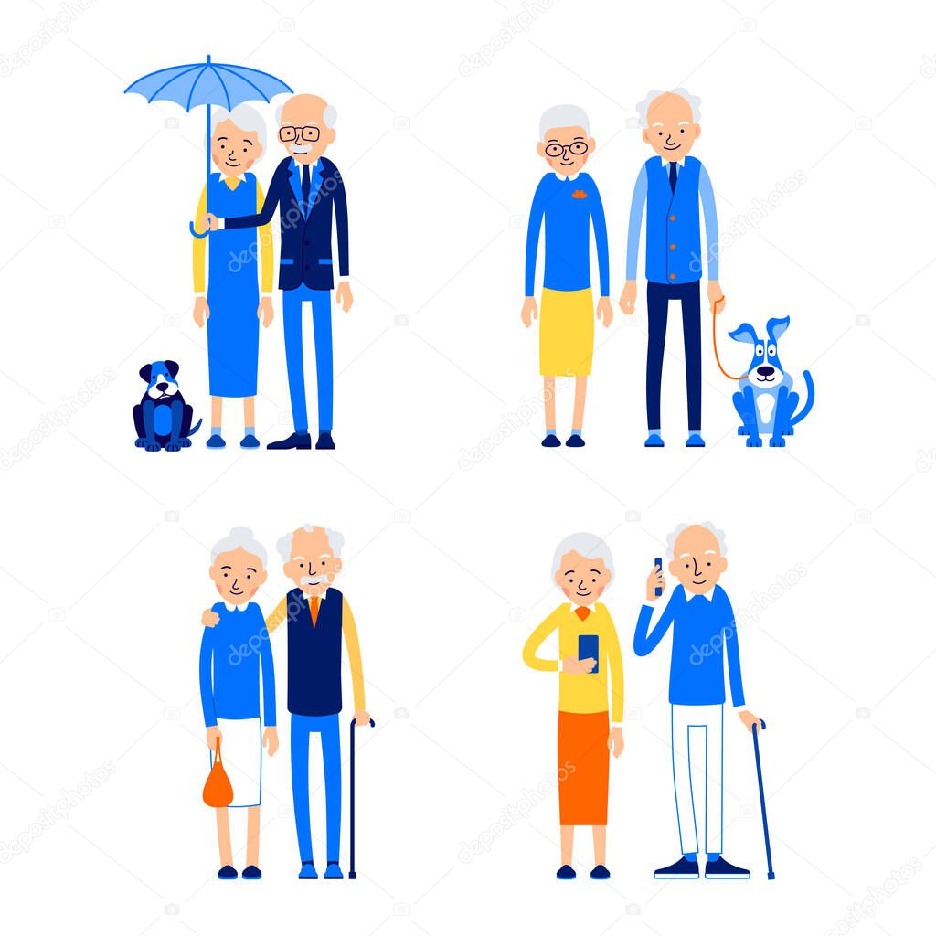 Set elderly couple. Happy retirement concept. Holiday leisure. Love, romance relationship. Caucasian people outdoor. Aged cute pensioners. Illustration isolated on white background in flat style