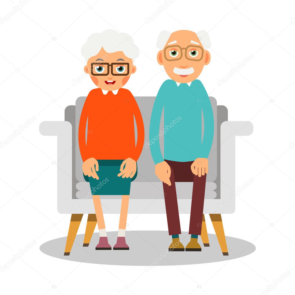 Old people sitting. On the sofa sit elderly woman and man. Family portrait of elderly people. Married couple of pensioners at home on vacation. Illustration in flat style. Isolated