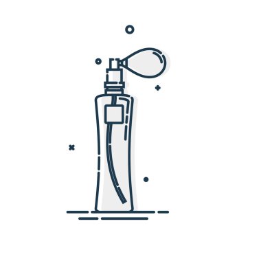 Parfüm şişesi beyaz arka planda izole edilmiş bir ikon. Düz stil tasarım. Sprey sistemi. Parlak cam ya da plastik kaplar. Kadın kozmetik işi. Grafiksel özet nesnesi