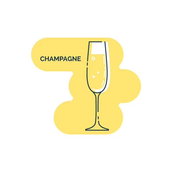 温格拉斯香槟与气泡线艺术的扁平风格 被隔离在彩色的背景上 庆祝设计中的餐厅酒水插图 回旋元素 饮料概述图标 — 图库矢量图片