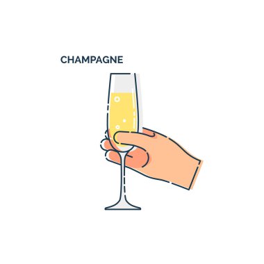 Bir bardak şampanyayı el ele tutuşarak. Beyaz arkaplanda çizgi tasarımı ögesi. Köpüklü içecekle insan parmakları. Alkol almak için zaman kavramı. Modern grafik biçim illüstrasyonu.