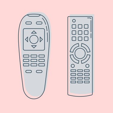 İki nesne uzaktan kumanda. Vardiya düğmeleri olan çokluortam paneli. Program cihazı. Kablosuz konsol. Evrensel elektronik kumanda. İzole edilmiş ince çizgi çizimi. Renkli arka plan. Düz sembol