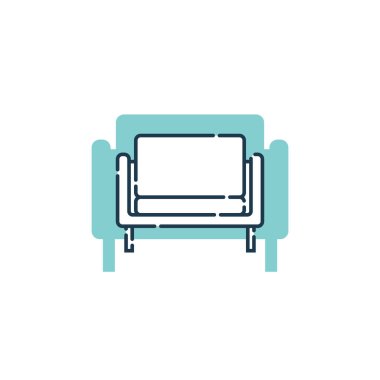 Tek yastıklı rahat bir kanepe. Şekil arka planında kanepe olan düz bir çizim. Rahatlamak için modern bir nesne. Sanat tarzında kanepe tasviri. İçerideki elementlerin mobilyaları.