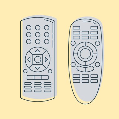 İki nesne uzaktan kumanda. Vardiya düğmeleri olan çokluortam paneli. Program cihazı. Kablosuz konsol. Evrensel elektronik kumanda. İzole edilmiş ince çizgi çizimi. Renkli arka plan. Düz sembol
