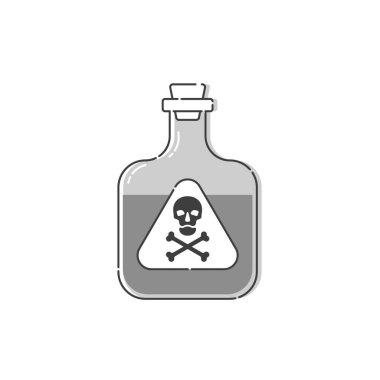 Konsept tasarım için kafatası dolu küçük bir zehir. Tehlikeli bir konteynır. İksir içeceği tıbbi konsepti. Kimya bağımlısı ikonu. Venom, tehlike sembolü. İzole düz illüstrasyon