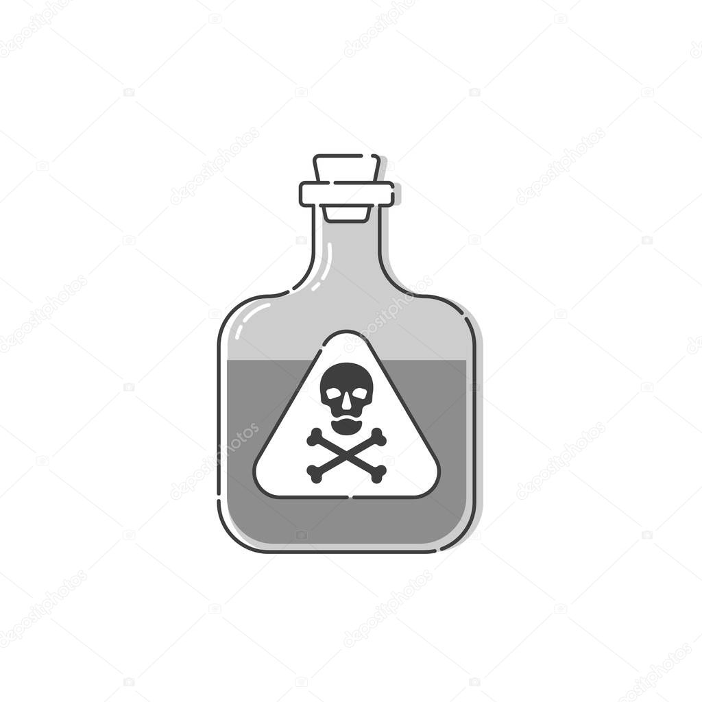 Flask poison with skull full face for concept design. Dangerous container. Potion beverage medical concept. Chemistry addiction icon. Venom, danger symbol. Isolated flat illustration