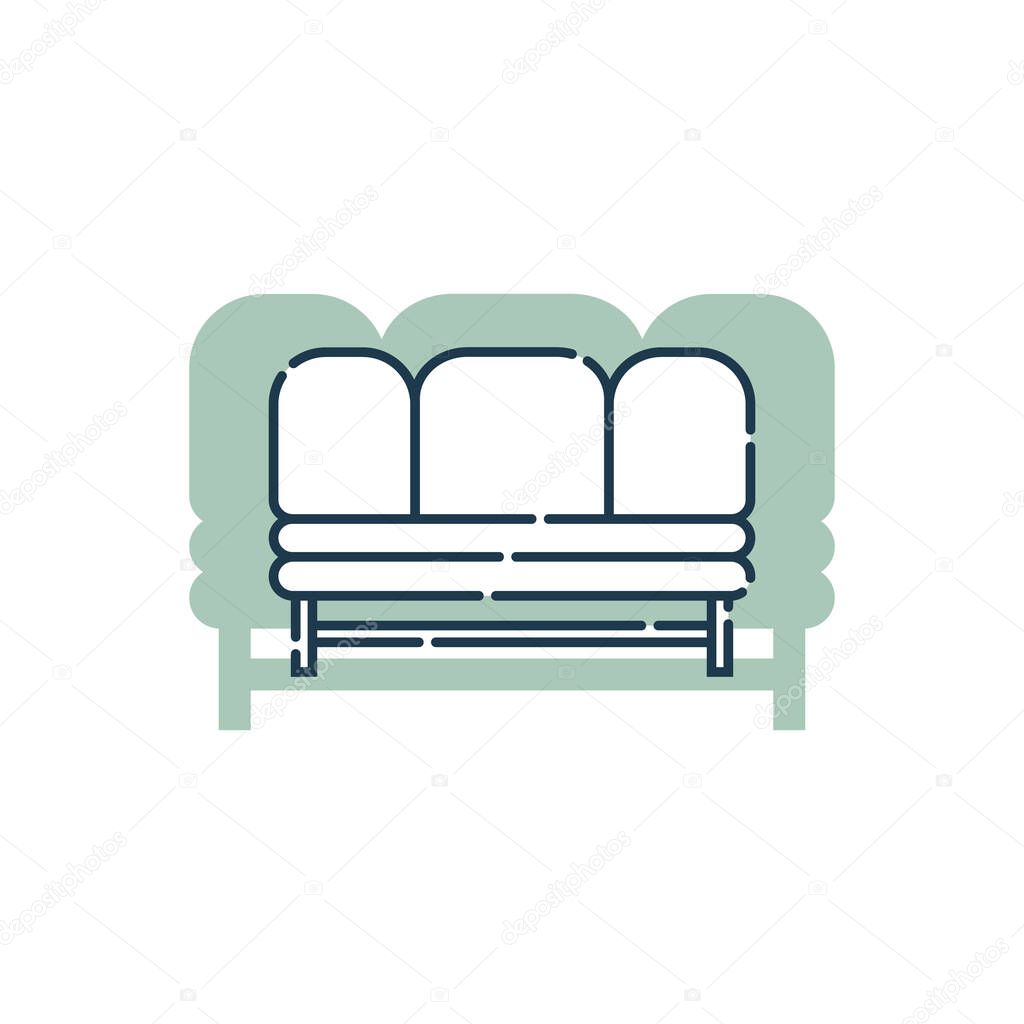Comfortable sofa with one pillow. Flat illustration with settee on shape background. Modern stylish object for relaxation. Image of couch in line art style. Element furniture of the interior.