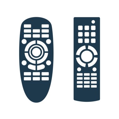 İki uzaktan kumanda. Teknoloji iletişim düğmesi. Program cihazı. Kablosuz klavye. Beyaz arka planda izole edilmiş düz çizim. Evrensel elektronik denetleyici