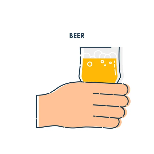 人类的手拿着一杯啤酒 白底线条艺术设计元素 指喝酒的人 喝酒的时间概念 现代图形风格图解 — 图库矢量图片