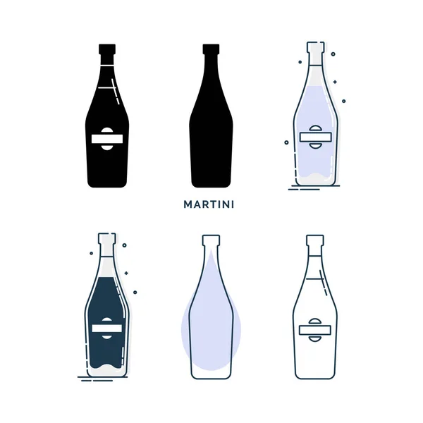 Farklı stillerde martinili şişe seti. Restoran, bar ve bar için şablon alkol içeceği. Sembol partisi. Koleksiyon bir içki. Beyaz arkaplanda izole düz çizim.