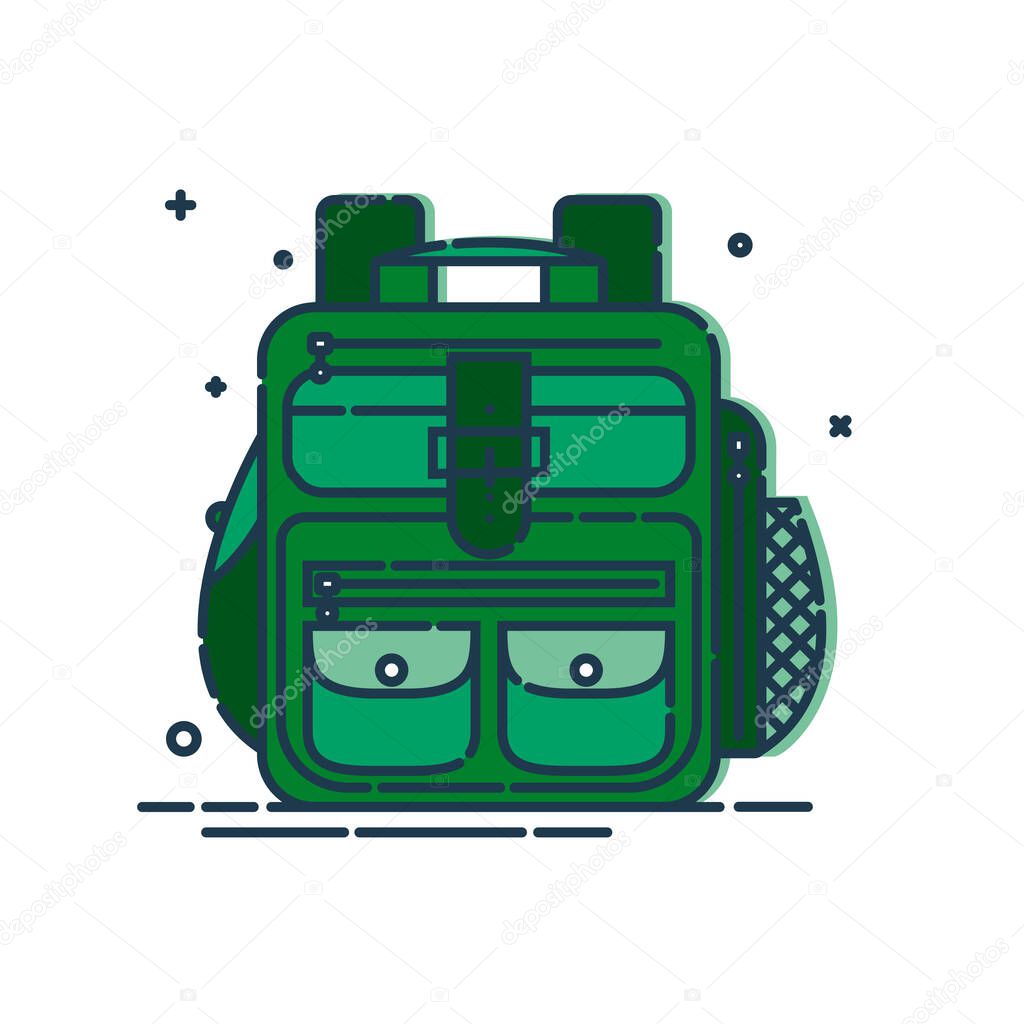 Backpack or schoolbag with pockets and zipper element. Education and study rucksack for students and traveling icon. Tourism bag. Front view. Flat line art illustration isolated on white background.