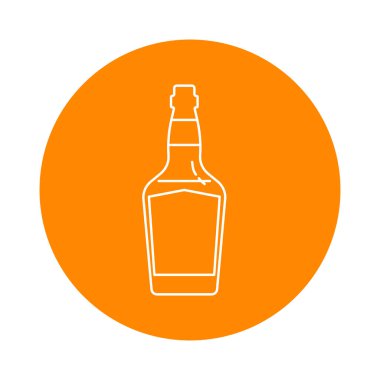 Bir şişe viskinin düz bir şekilde ince çizgiler halinde resmedilmiş hali. Arka planda renkli içecek çemberi var. İzole nesne tasarımı içeceği. Restoran, bar ve parti için basit bir simge