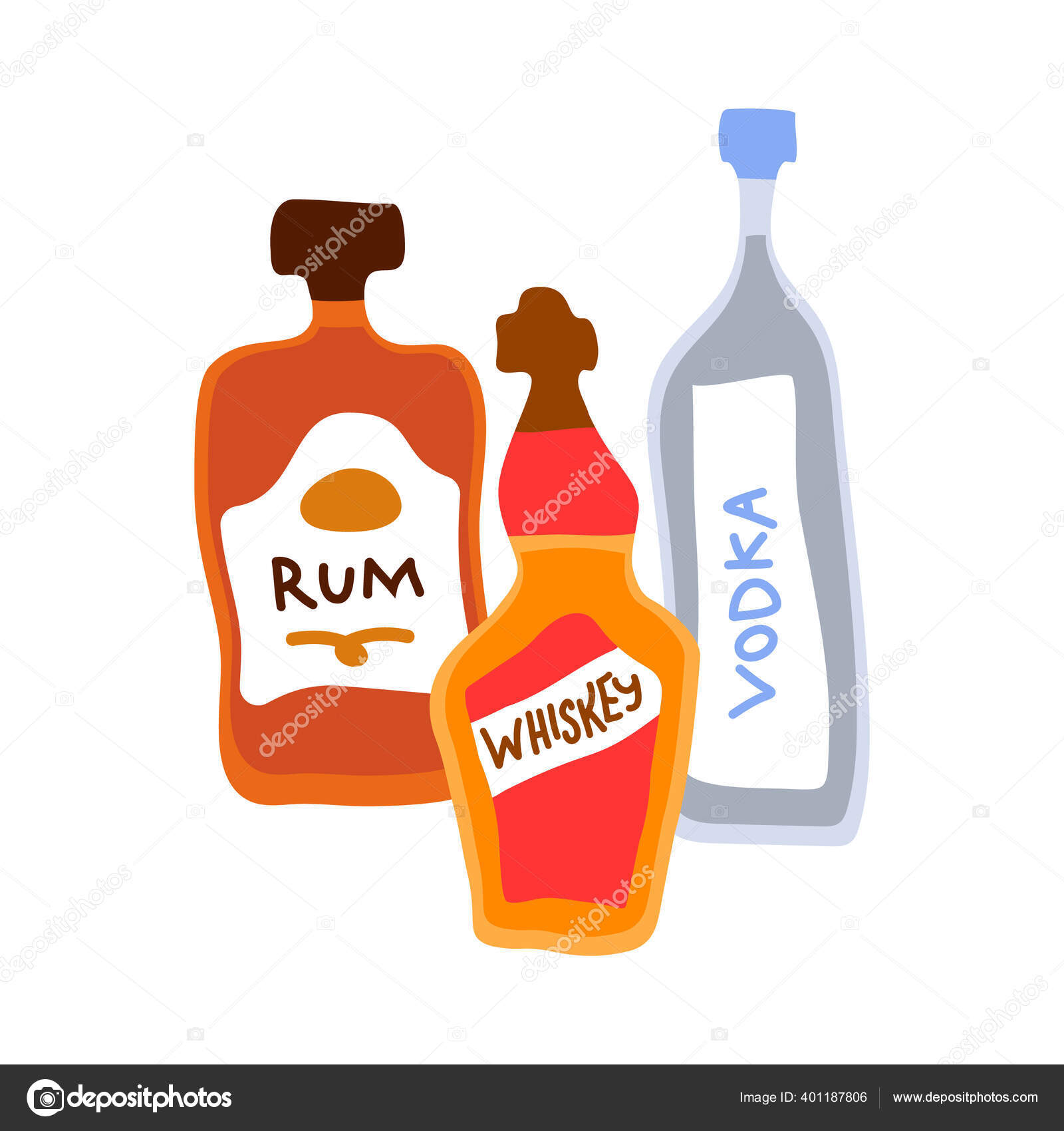 Collection Bottles Strong Alcohol Vodka Rum Whiskey Party Drinks Concept  Stock Vector Image by ©Jeysent #401187806