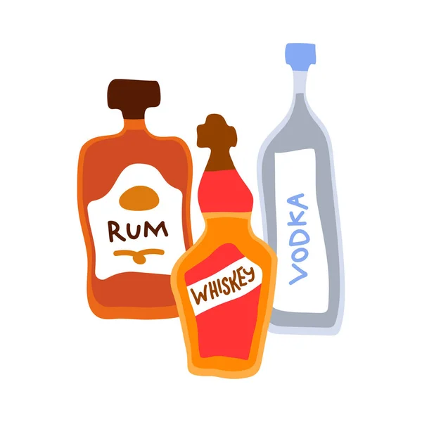 Recogida Botellas Alcohol Fuerte Vodka Ron Whisky Concepto Bebidas Para — Vector de stock