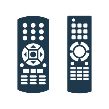 İki uzaktan kumanda. Teknoloji iletişim düğmesi. Program cihazı. Kablosuz klavye. Beyaz arka planda izole edilmiş düz çizim. Evrensel elektronik denetleyici