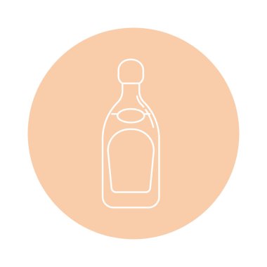 Tekila şişesinin düz bir şekilde ince çizgilerle resmedilmiş hali. Arka planda renkli içecek çemberi var. İzole nesne tasarımı içeceği. Restoran, bar ve parti için basit bir simge