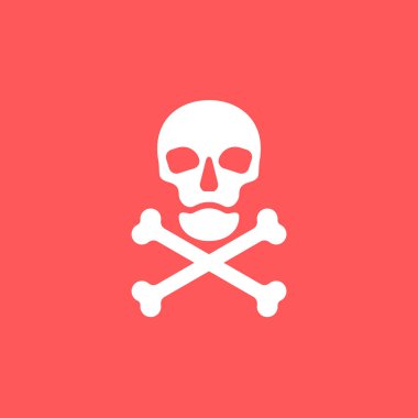 Tam yüz kafatası ve kırmızı arka planda çapraz kemikler. Düz bir şekilde izole edilmiş illüstrasyon. Zehir işareti ve dizayn sembolü. İnsanlar için bir tehlike görüntüsü. Hayata karşı tehlike simgesi