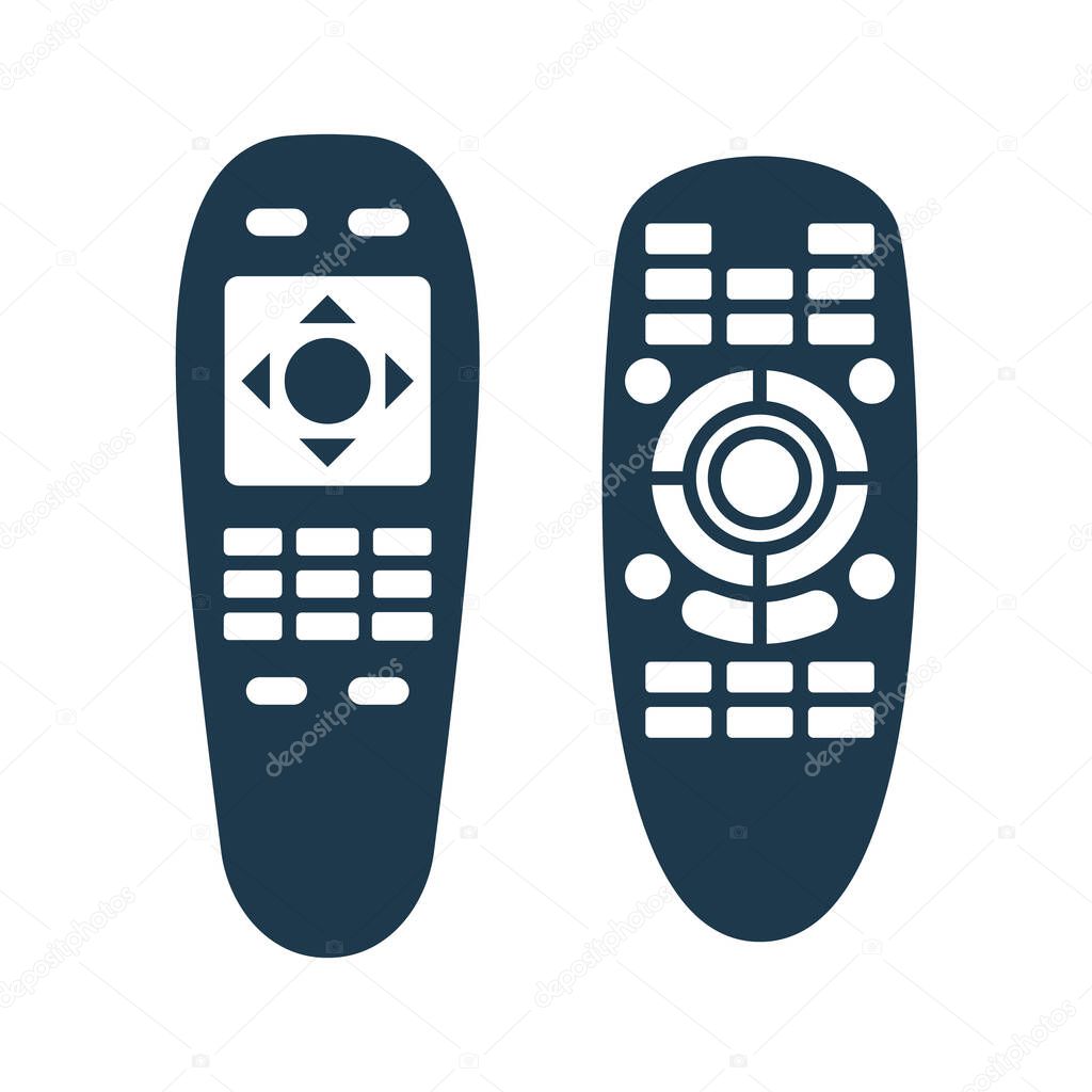 Two remote controls. Technology communication switch button. Program device. Wireless keyboard. Isolated flat illustration on white background. Universal electronic controller