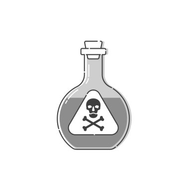 Konsept tasarım için kafatası dolu küçük bir zehir. Tehlikeli bir konteynır. İksir içeceği tıbbi konsepti. Kimya bağımlısı ikonu. Venom, tehlike sembolü. İzole düz illüstrasyon