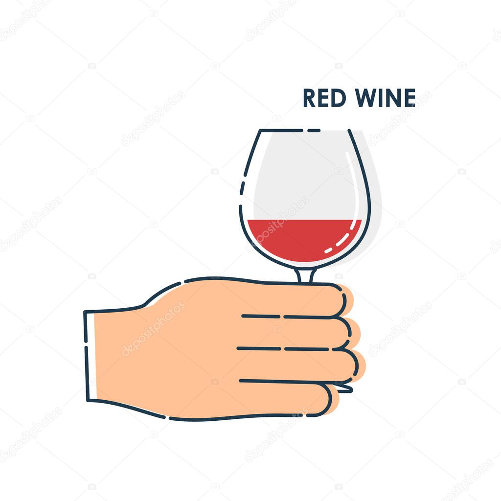 Hand holding a glass of red wine. Line art design element on white background. Fingers human with a tumbler foamy beverage. Concept of time to drink alcohol. Modern graphic style illustration.