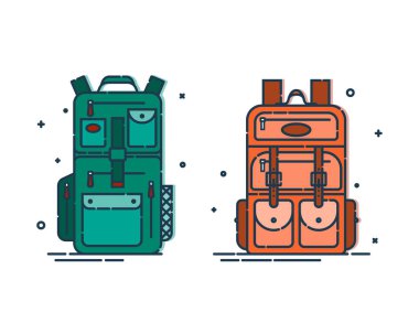 Sırt çantası ya da cepleri ve fermuarı olan okul çantası. Öğrenciler ve seyahat ikonu için eğitim ve çalışma çantası. Turizm çantası. Ön manzara. Düz çizgi çizimi beyaz arkaplanda izole edildi.