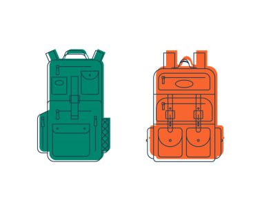 Sırt çantası ya da cepleri ve fermuarı olan okul çantası. Öğrenciler ve seyahat ikonu için eğitim ve çalışma çantası. Turizm çantası. Ön manzara. Düz çizgi çizimi beyaz arkaplanda izole edildi.