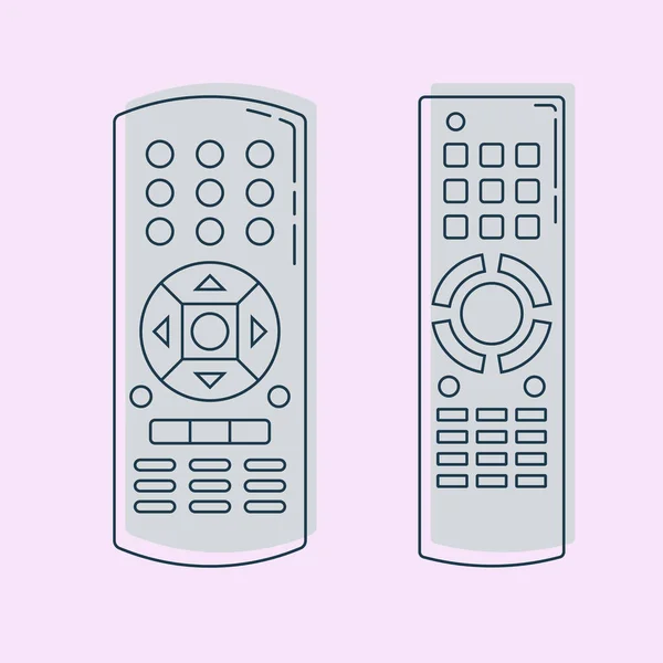 两个物体手控遥控装置 带移位按钮的多媒体面板 程序装置 无线控制台通用电子控制器 孤立的细线图解 颜色背景 平面符号 — 图库矢量图片