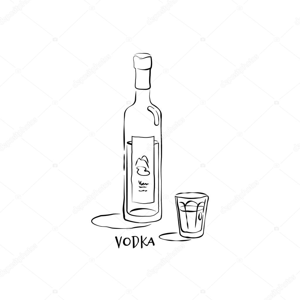 Bottle and glass vodka in hand drawn style. Restaurant illustration for celebration design. Retro sketch. Line art. Design element. Beverage outline icon. Isolated on white background