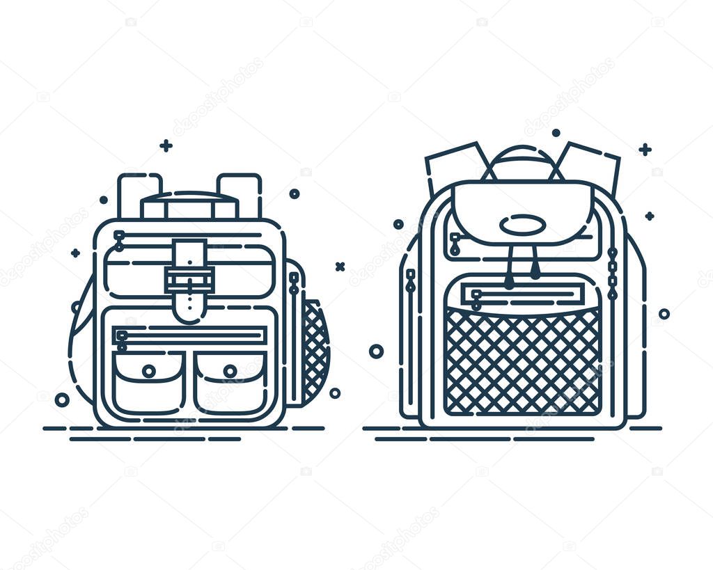 Two rucksack or schoolbags with pockets and zipper element. Education backpack for students and traveling icon. Tourism bag. Front view. Flat line art illustration isolated on white background.