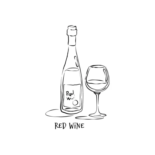 Láhev Sklenice Červeného Vína Ručně Kresleném Stylu Ilustrace Restaurace Pro — Stockový vektor