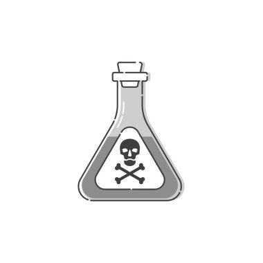 Konsept tasarım için kafatası dolu küçük bir zehir. Tehlikeli bir konteynır. İksir içeceği tıbbi konsepti. Kimya bağımlısı ikonu. Venom, tehlike sembolü. İzole düz illüstrasyon