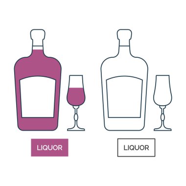 Şişe ve cam içki hattı sanatı düz stil. Kutlama tasarımı için restoran alkolik illüstrasyonu. Tasarım kontur elemanı. İçecek taslak simgesi. Grafik biçiminde beyaz arkaplanda izole