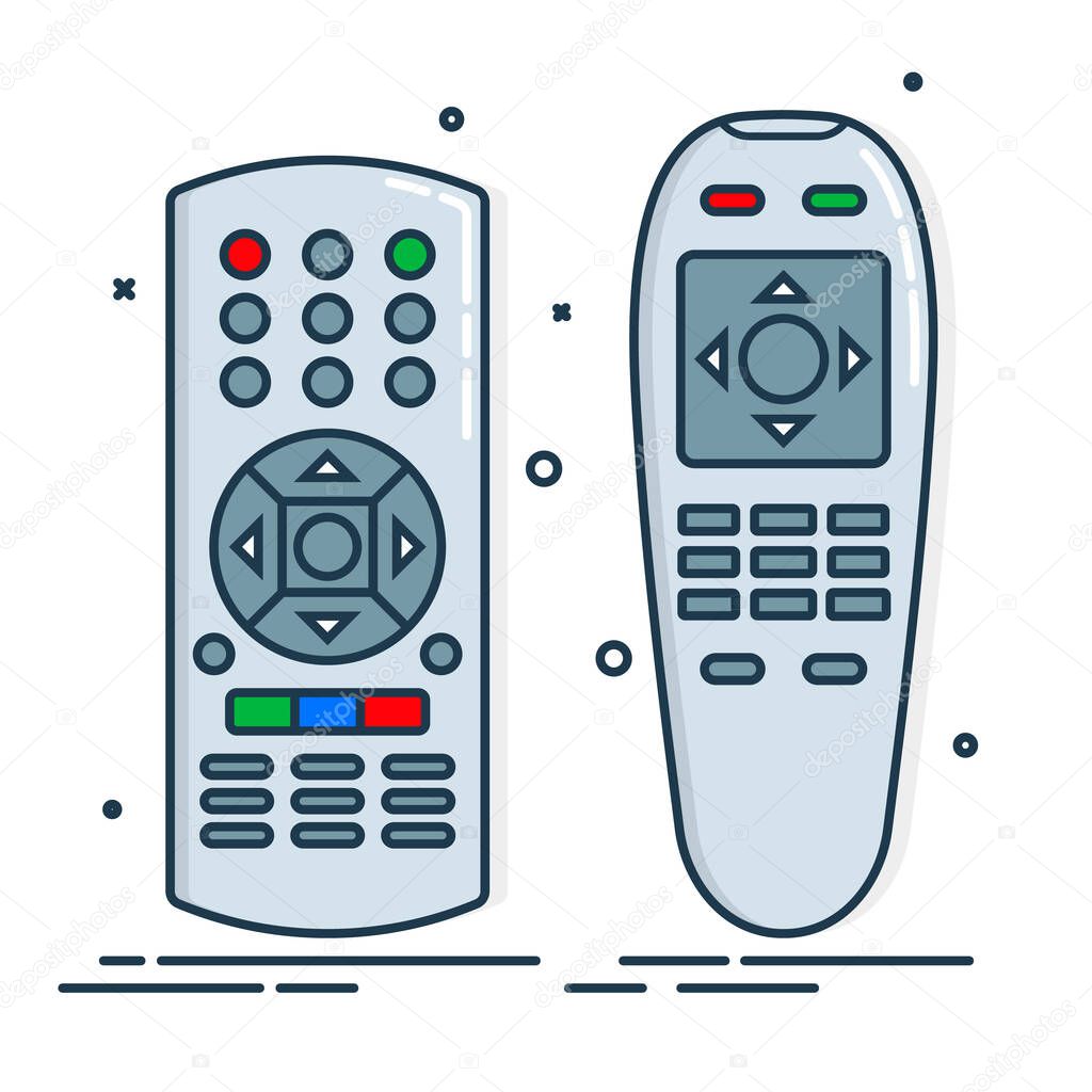 Two object hand remote control. Multimedia panel with shift buttons. Program device. Wireless console. Universal electronic controller. Isolated thin line illustration. White background. Flat symbol